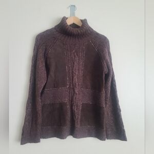Curio Chunky Turtleneck Sweater with Faux Leather Panels – Brown – Size M –